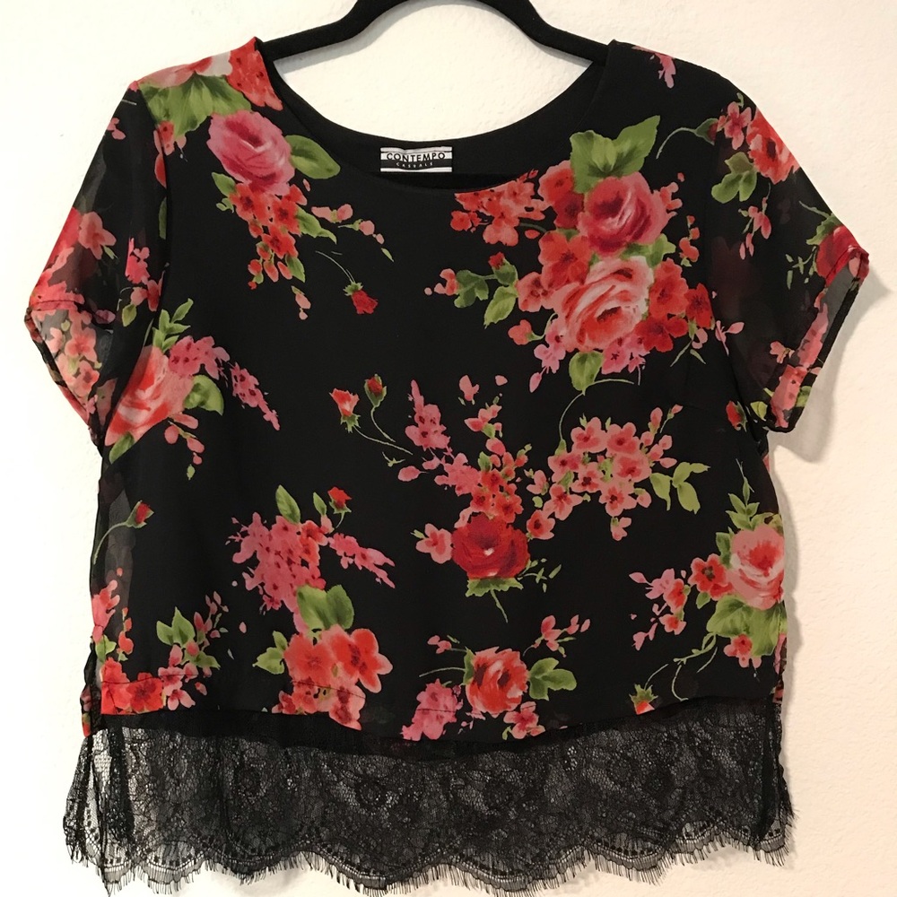 Floral Lace-Hem Blouse - Black with Red and Pink Roses